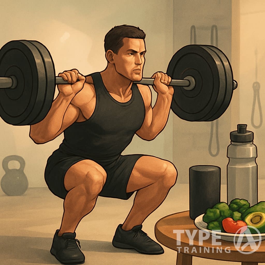 A person lifting a barbell in a gym surrounded by recovery items like a water bottle, foam roller, and healthy food.