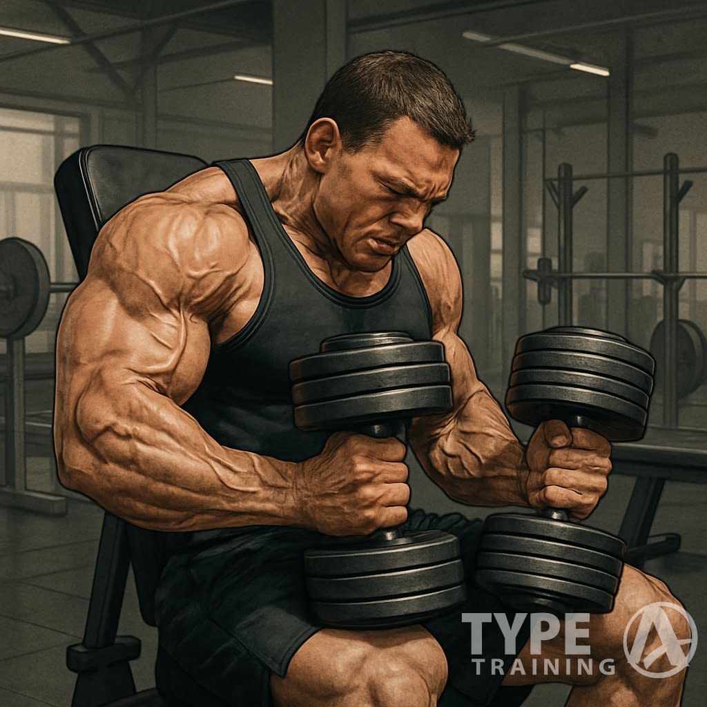 A male athlete lifting heavy dumbbells in a gym, focusing on controlled strength training.