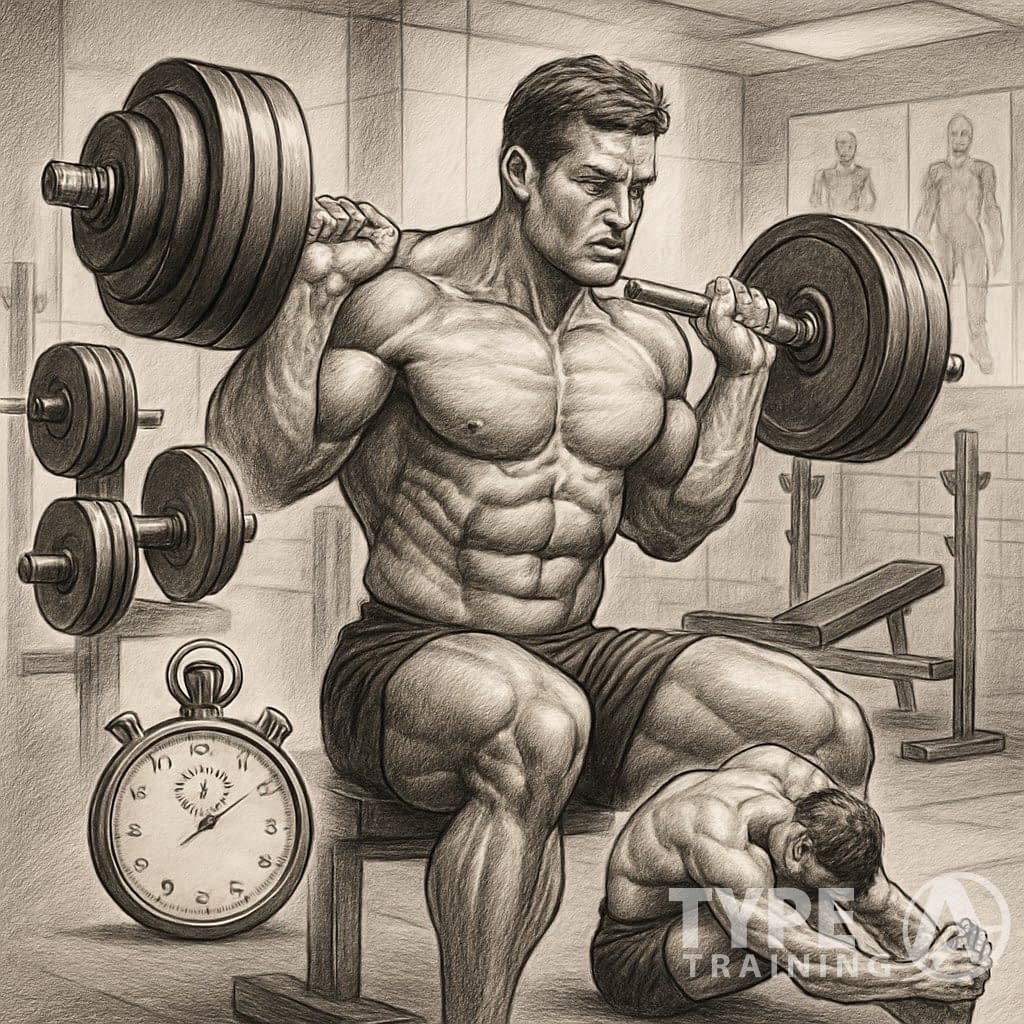 A person performing intense strength training exercises in a gym, surrounded by weights, a stopwatch, and muscle stretch illustrations.