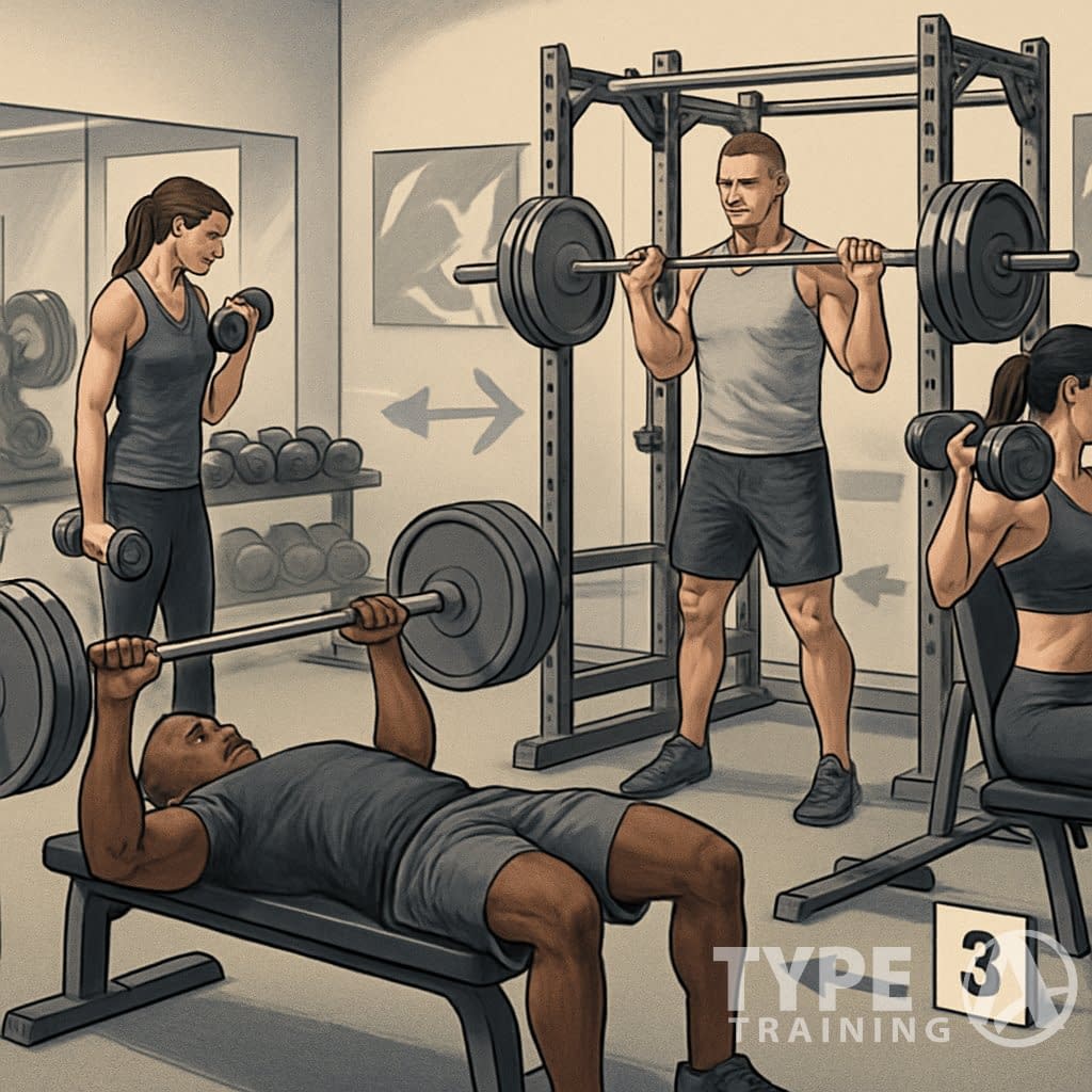 A gym scene showing people performing different strength exercises at various workout stations, illustrating a structured training routine with equipment like barbells and dumbbells.