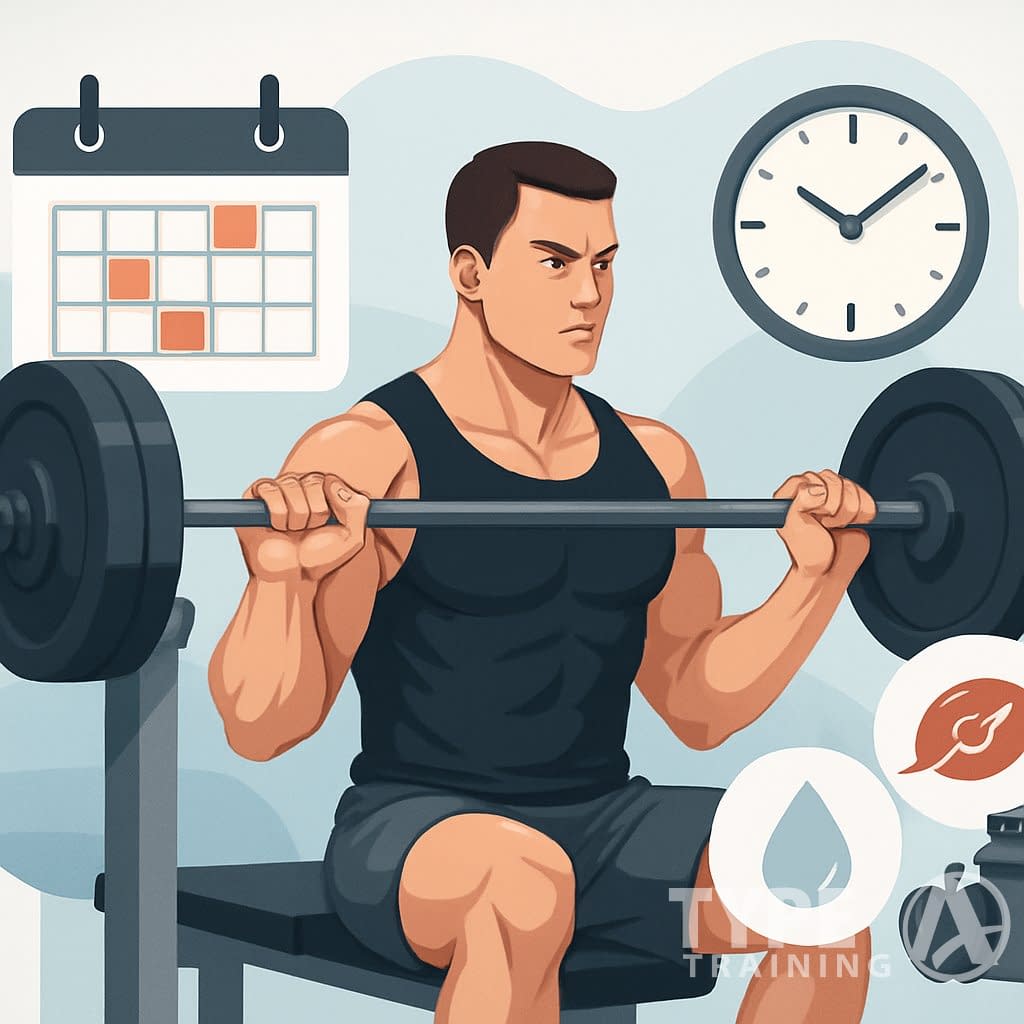 An athlete lifting heavy weights in a gym with visual symbols of a training schedule, rest periods, and muscle recovery around them.