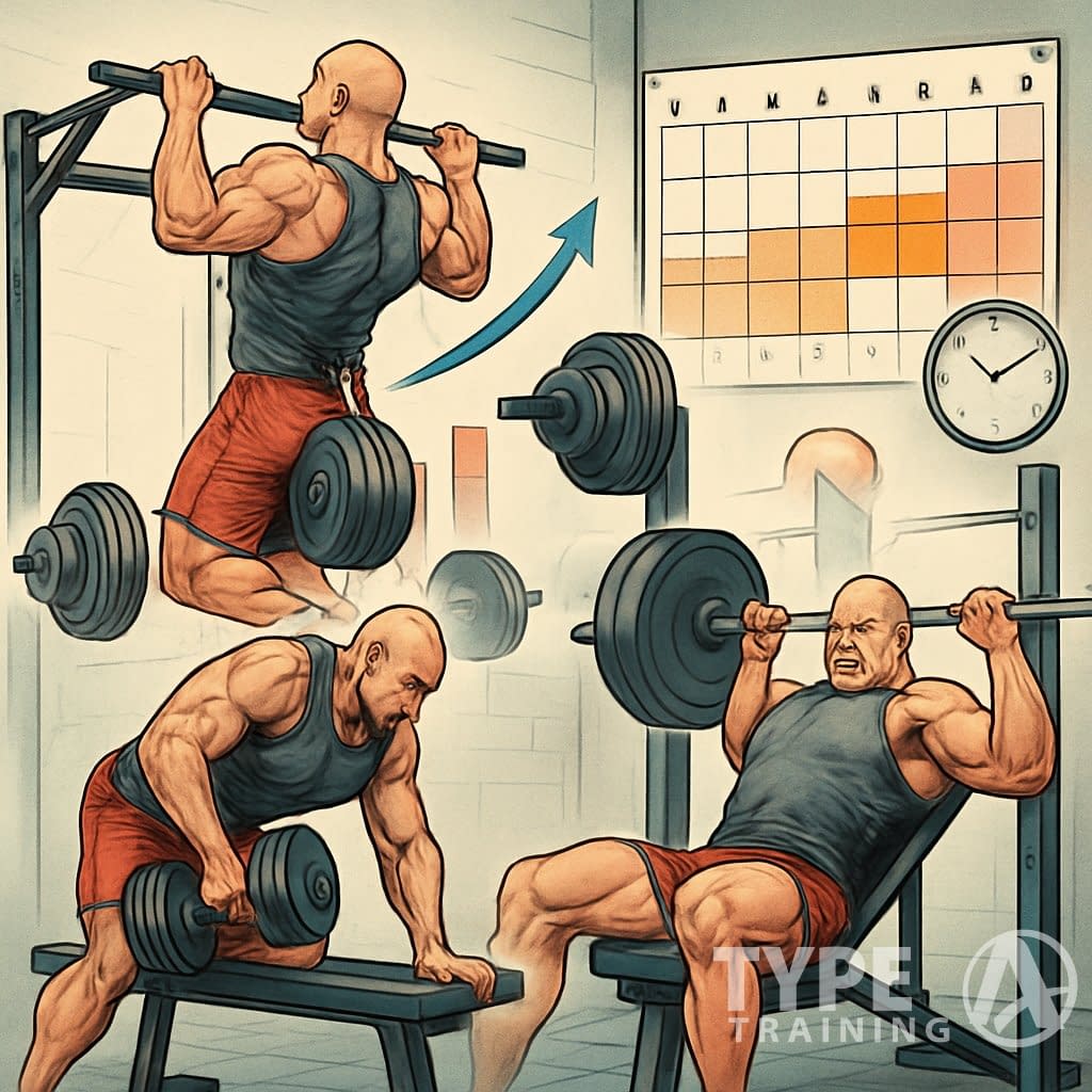 An athlete performing strength training exercises with increasing weights and a calendar showing different training phases in a gym.