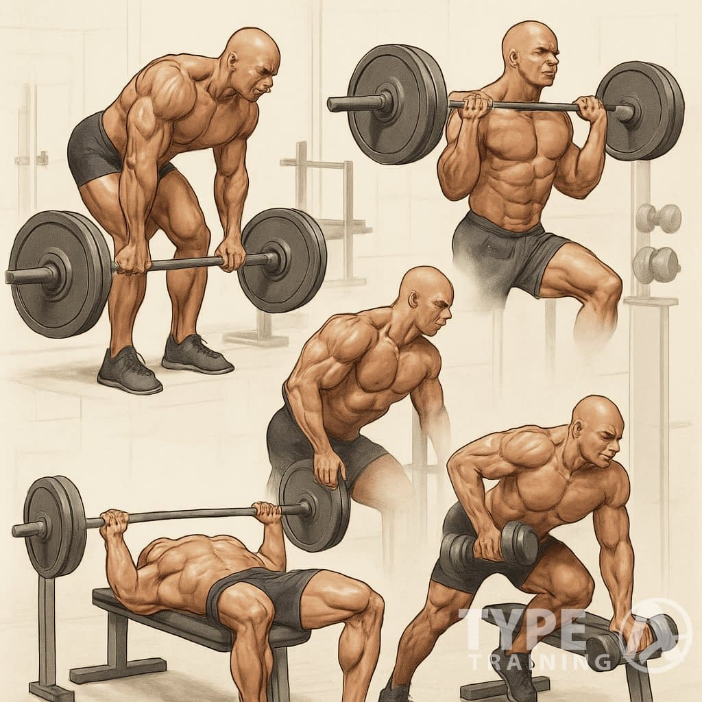 A muscular person performing different strength training exercises in a gym, showing proper form and muscle engagement.