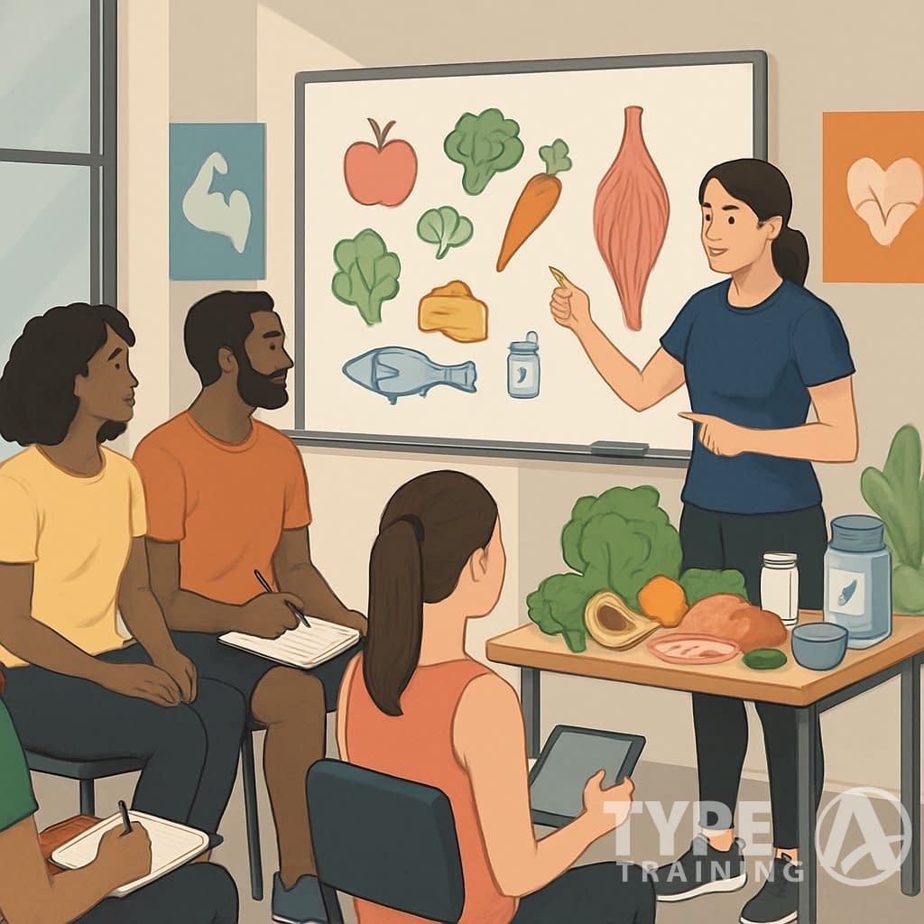 A group of people attending a training session on nutrition and supportive practices, with an instructor explaining diagrams of healthy foods and muscles in a classroom setting.