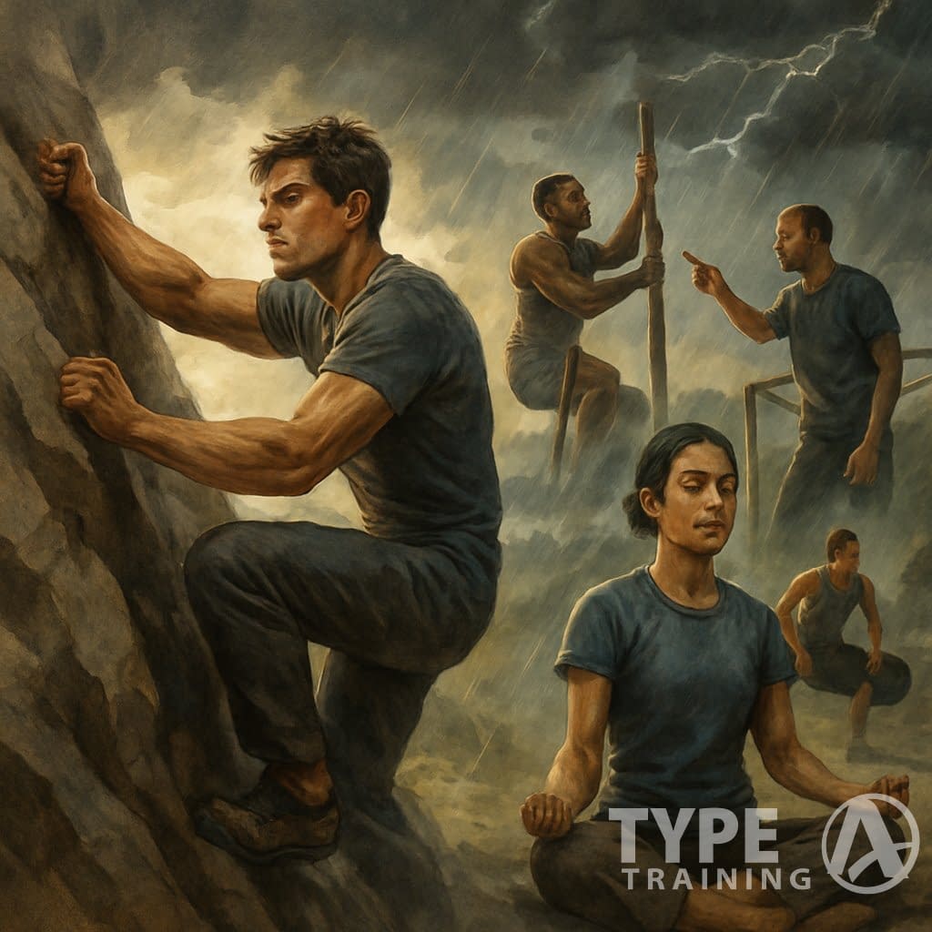 People training outdoors, climbing rocks, meditating, and overcoming obstacles to build strength and resilience.