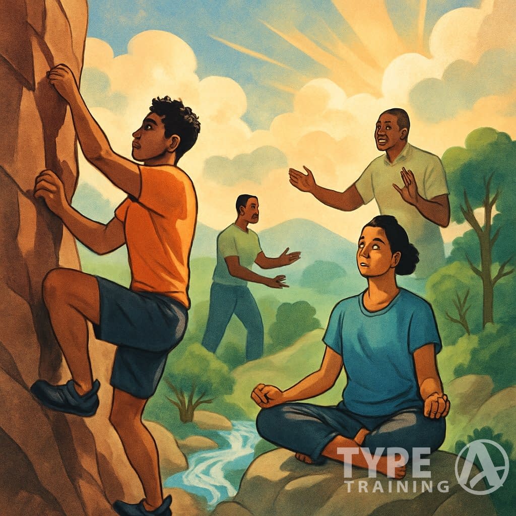 A group of people engaged in activities like rock climbing and meditation outdoors, with a coach guiding them, symbolizing strength and resilience.