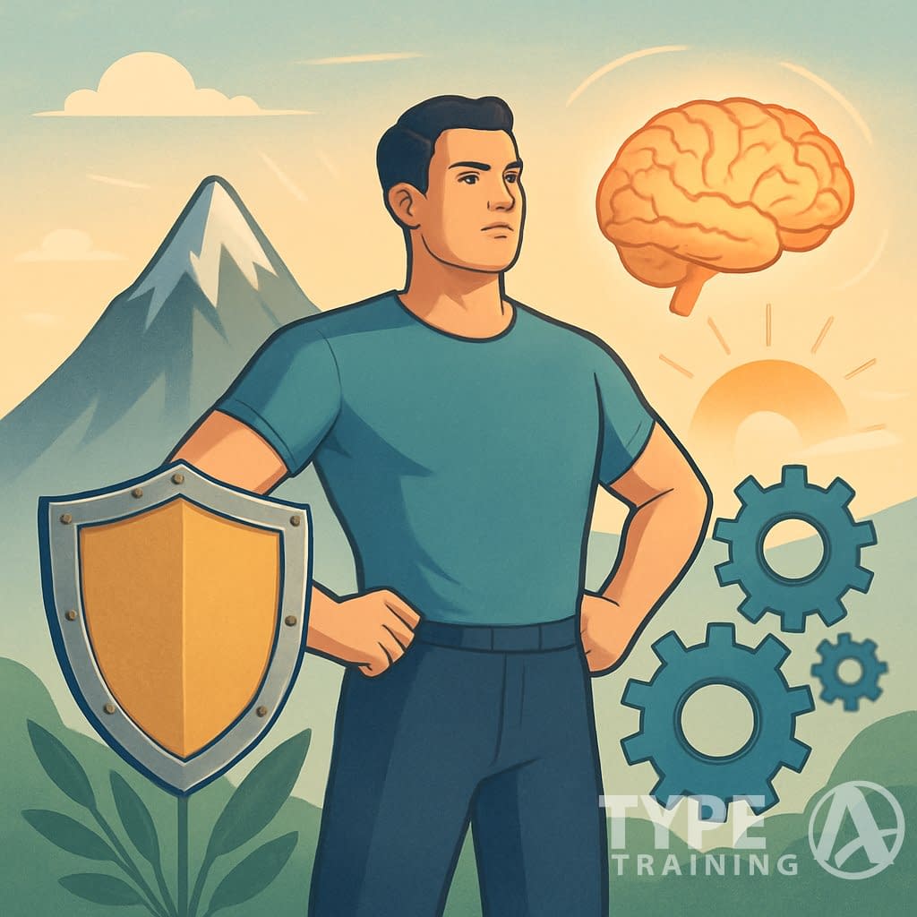 A confident person surrounded by symbols of resilience, mental focus, discipline, and perseverance in a calm natural setting.
