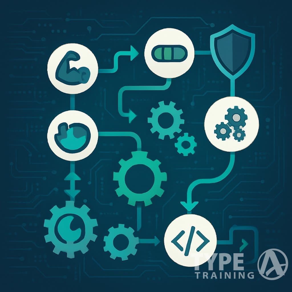 An illustration showing a flowchart with interconnected icons representing programming stages and strength, set against a digital background with circuit patterns.