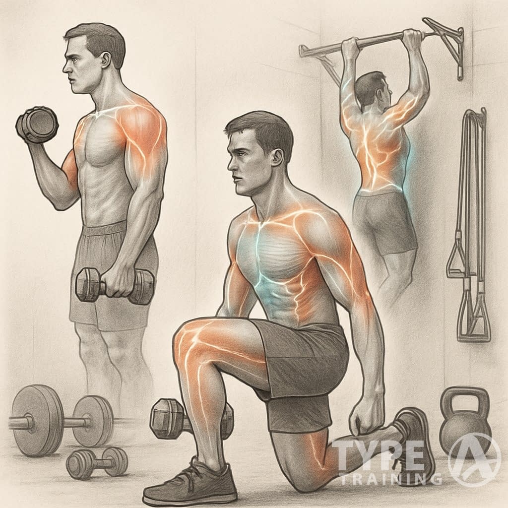 A person exercising in a gym with highlighted muscle groups showing active muscles during strength training.