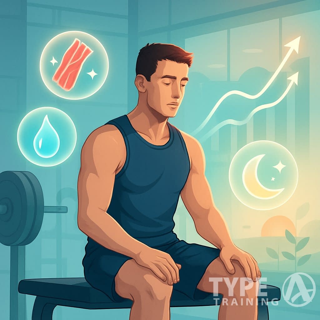 An athlete resting on a bench in a gym surrounded by symbols of muscle repair, hydration, and rest, with a graph showing progress and a background of a sunrise and growing plants.
