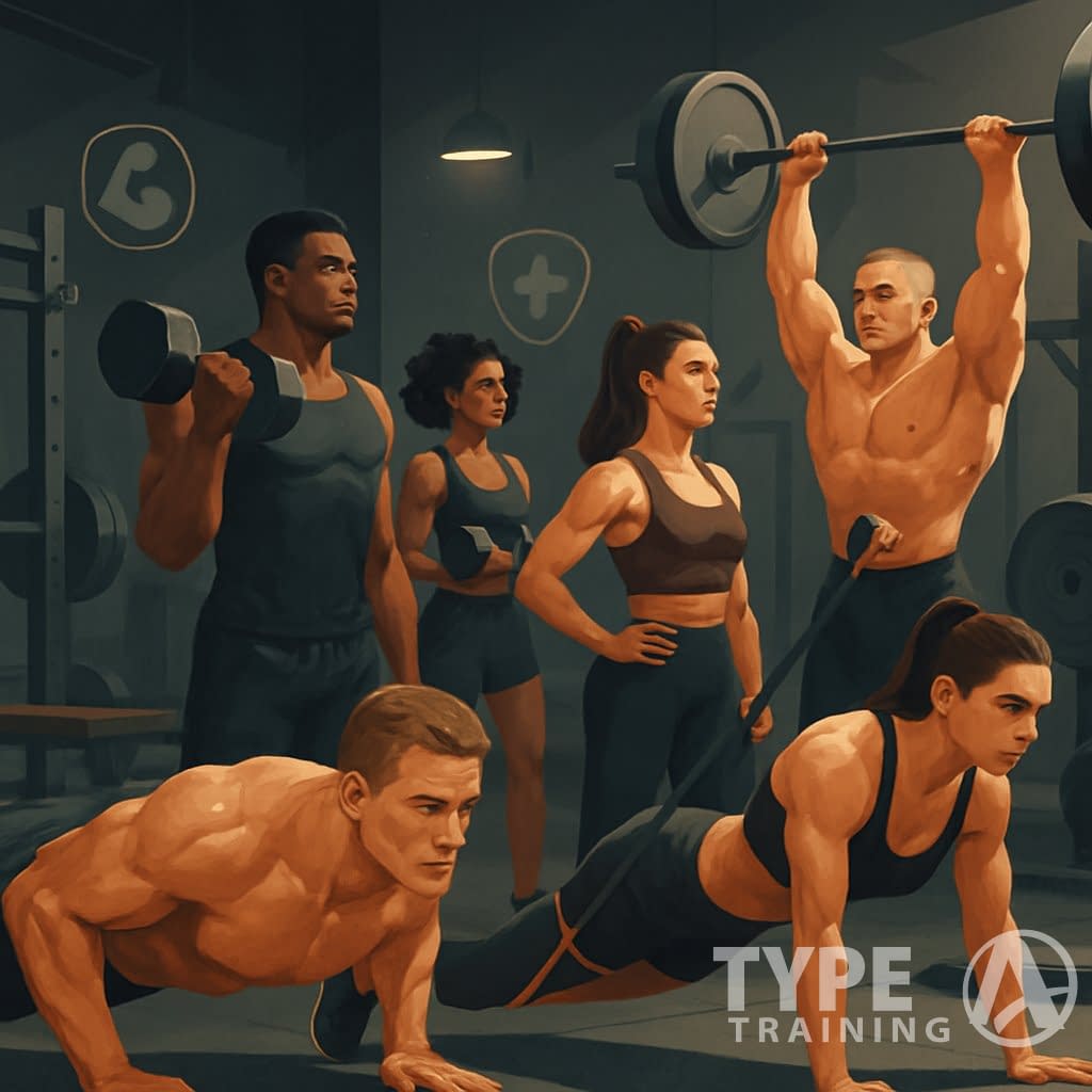 A group of people exercising with weights and resistance equipment in a gym, showing strength and fitness training.