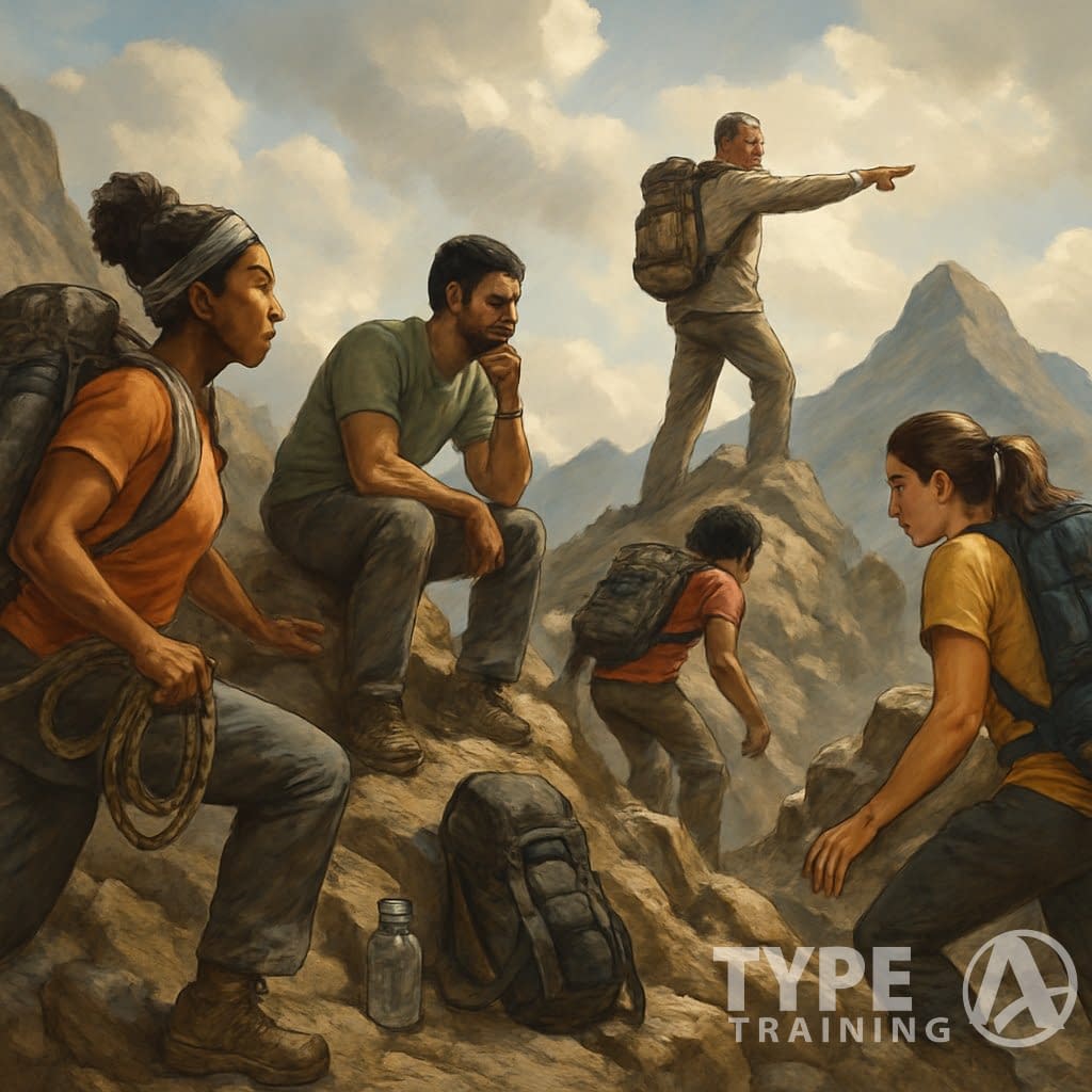 A group of people climbing a rocky mountain with a coach guiding them, showing teamwork and overcoming challenges during training.