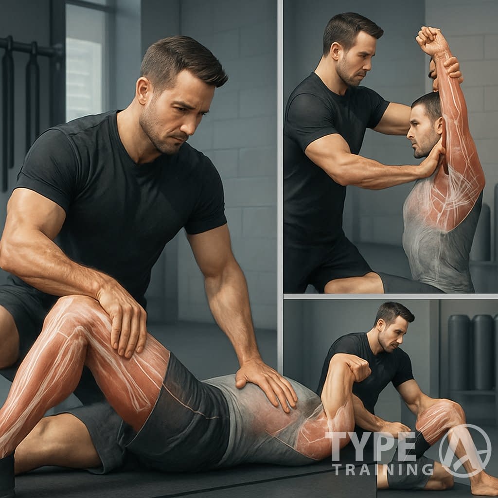 A trainer assisting a person with targeted muscle stretches in a gym, highlighting key muscle groups and stretching techniques.