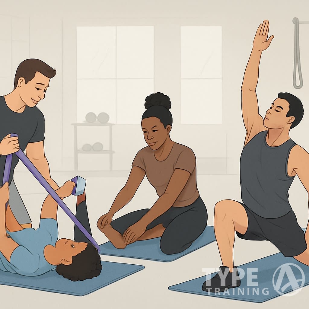 Three people of different fitness levels performing fascial stretch exercises together in a gym with a trainer assisting the beginner.