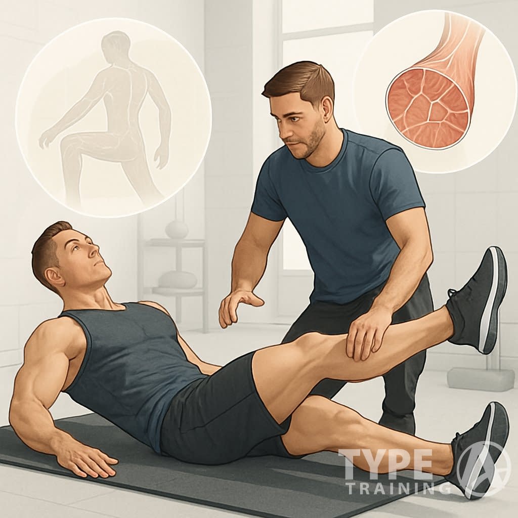 An athletic person being assisted by a trainer performing stretching exercises in a gym, with anatomical illustrations of muscles and fascia in the background.