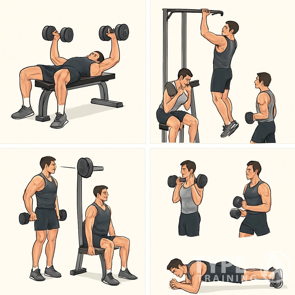 Six panels showing a person performing different exercises for chest, back, legs, shoulders, arms, and core across six days.
