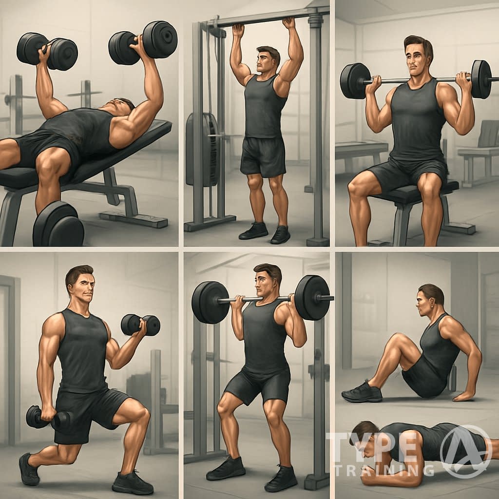 A muscular man performing different weight training exercises in six separate panels, each showing a different muscle group workout in a gym.