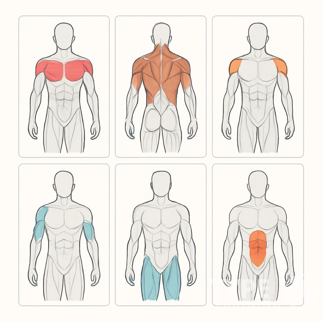 An organized illustration showing a weekly workout plan with six sections, each highlighting different muscle groups on a human figure for a six-day training routine.
