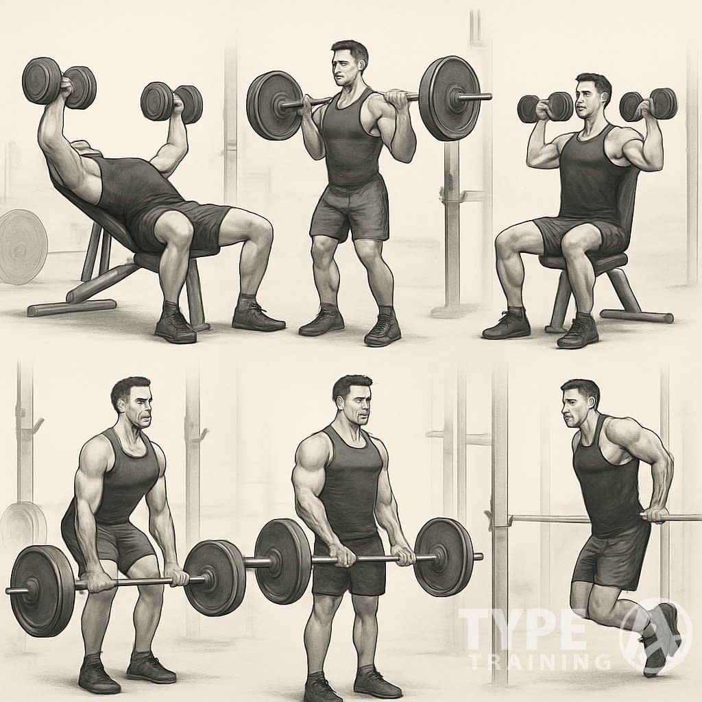 Six panels showing a muscular man performing different gym exercises, each panel representing a day in a six-day workout routine.