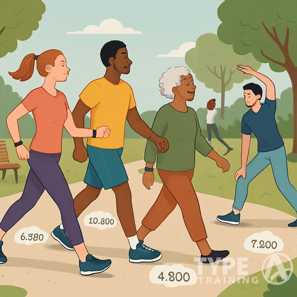 People walking and exercising in a park wearing fitness trackers, with a winding path showing varied step counts.