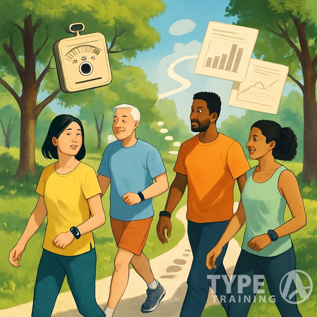 A group of people walking in a park wearing fitness trackers, with historical elements like an old pedometer and research papers subtly shown in the background.