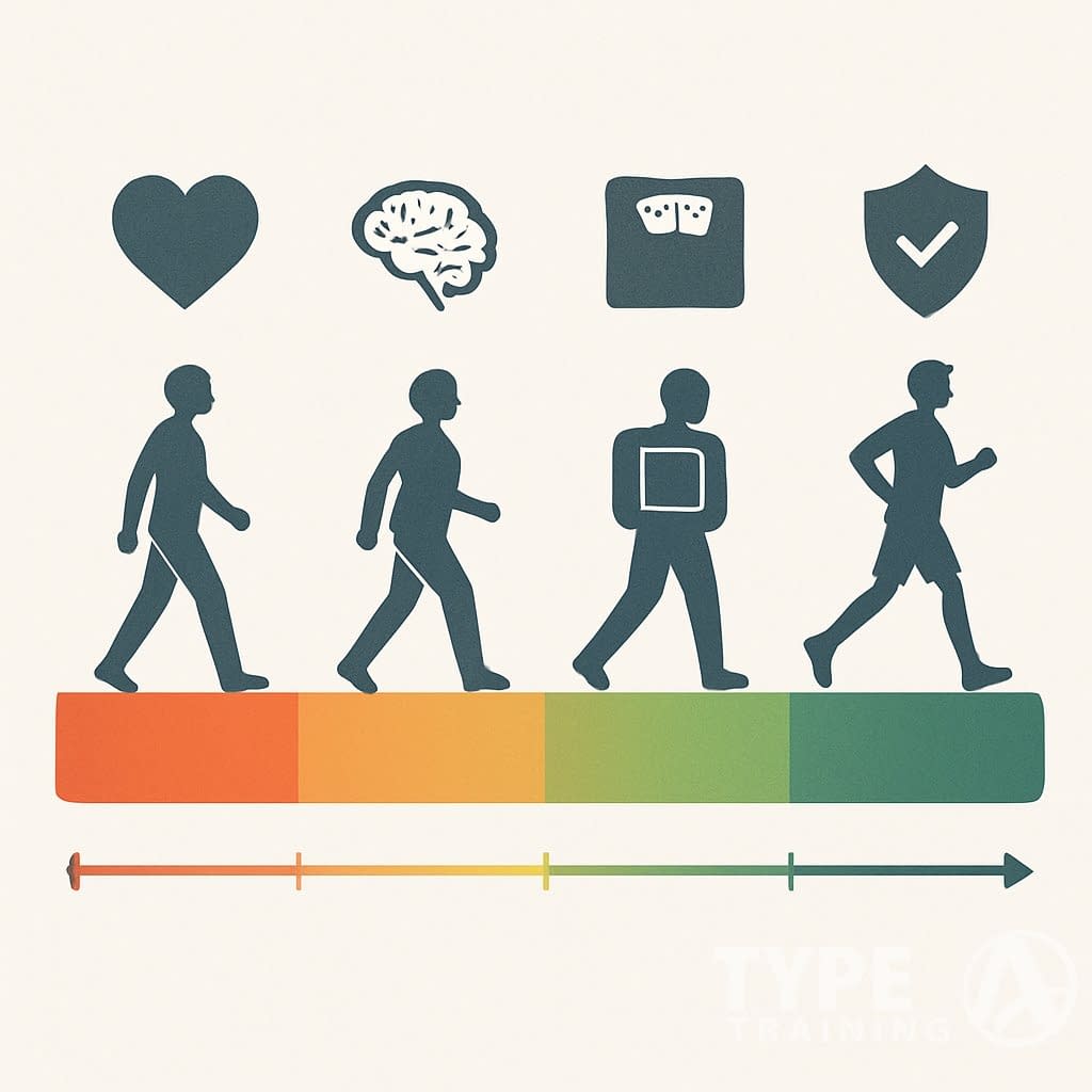 Illustration showing a range of daily step counts with icons representing different health benefits along a horizontal scale.