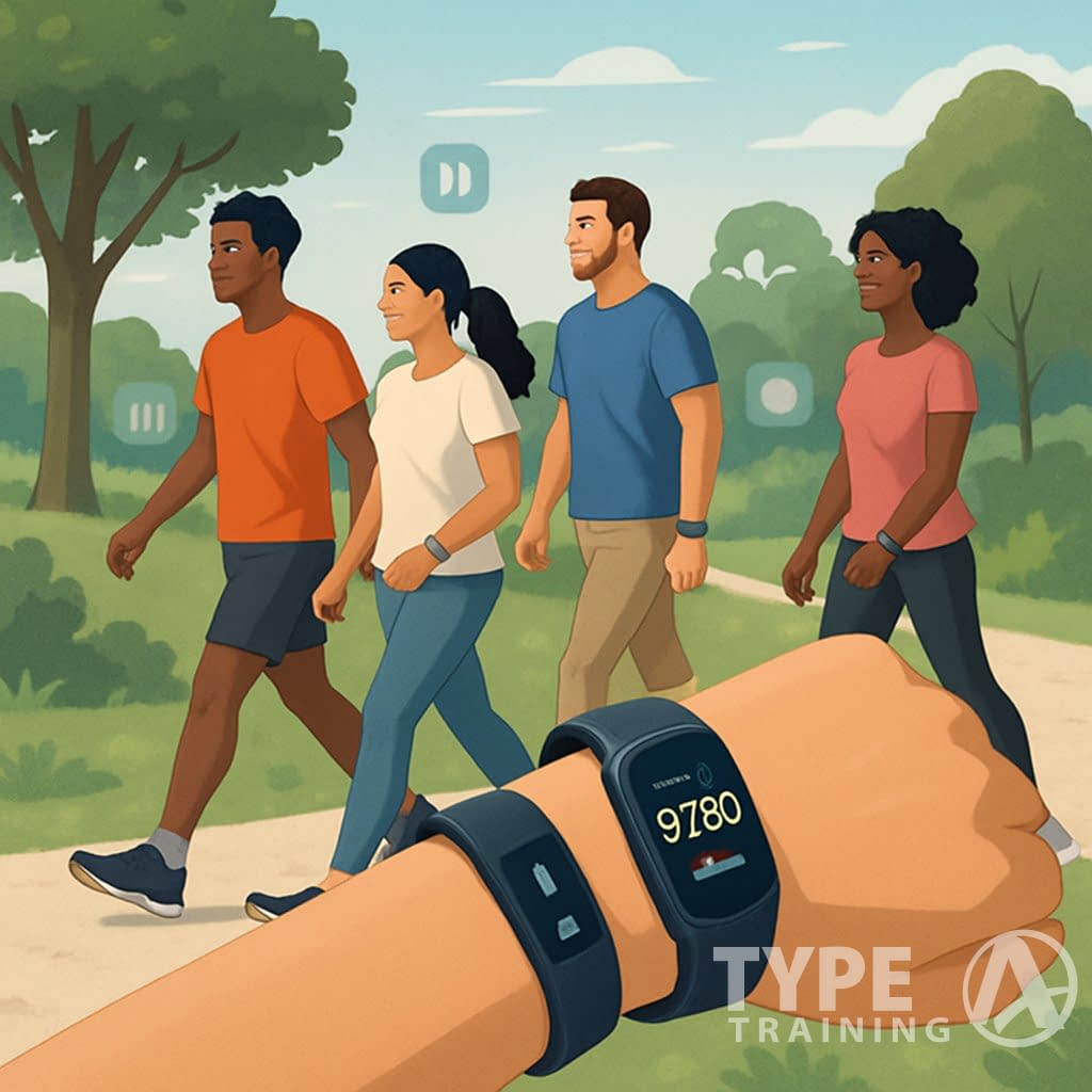 People walking in a park wearing fitness trackers, with a close-up of a wrist showing a step count on a device.