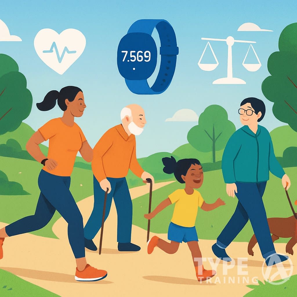 People of different ages walking and jogging in a park with fitness trackers, surrounded by health-related icons and a winding path.