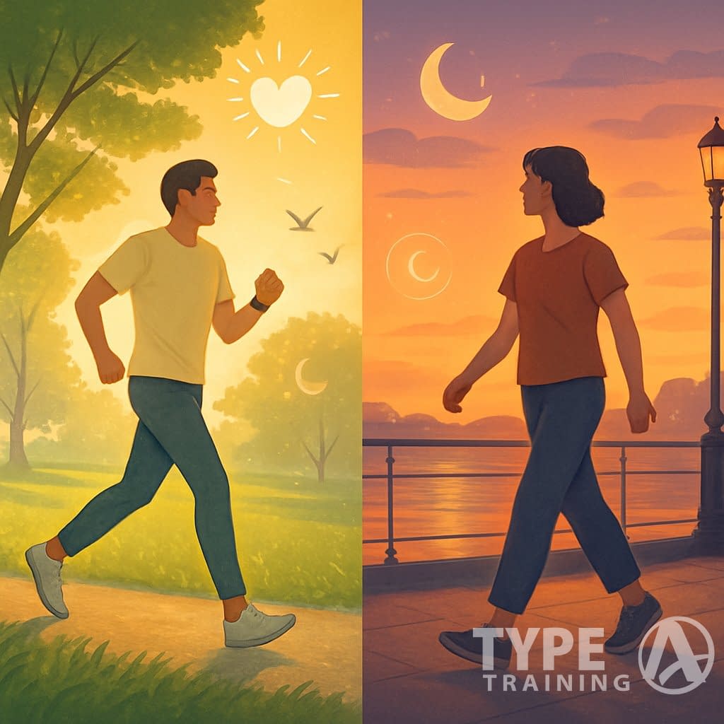 A split image showing a person walking in a sunny morning park on the left and another person walking by a waterfront at sunset on the right.