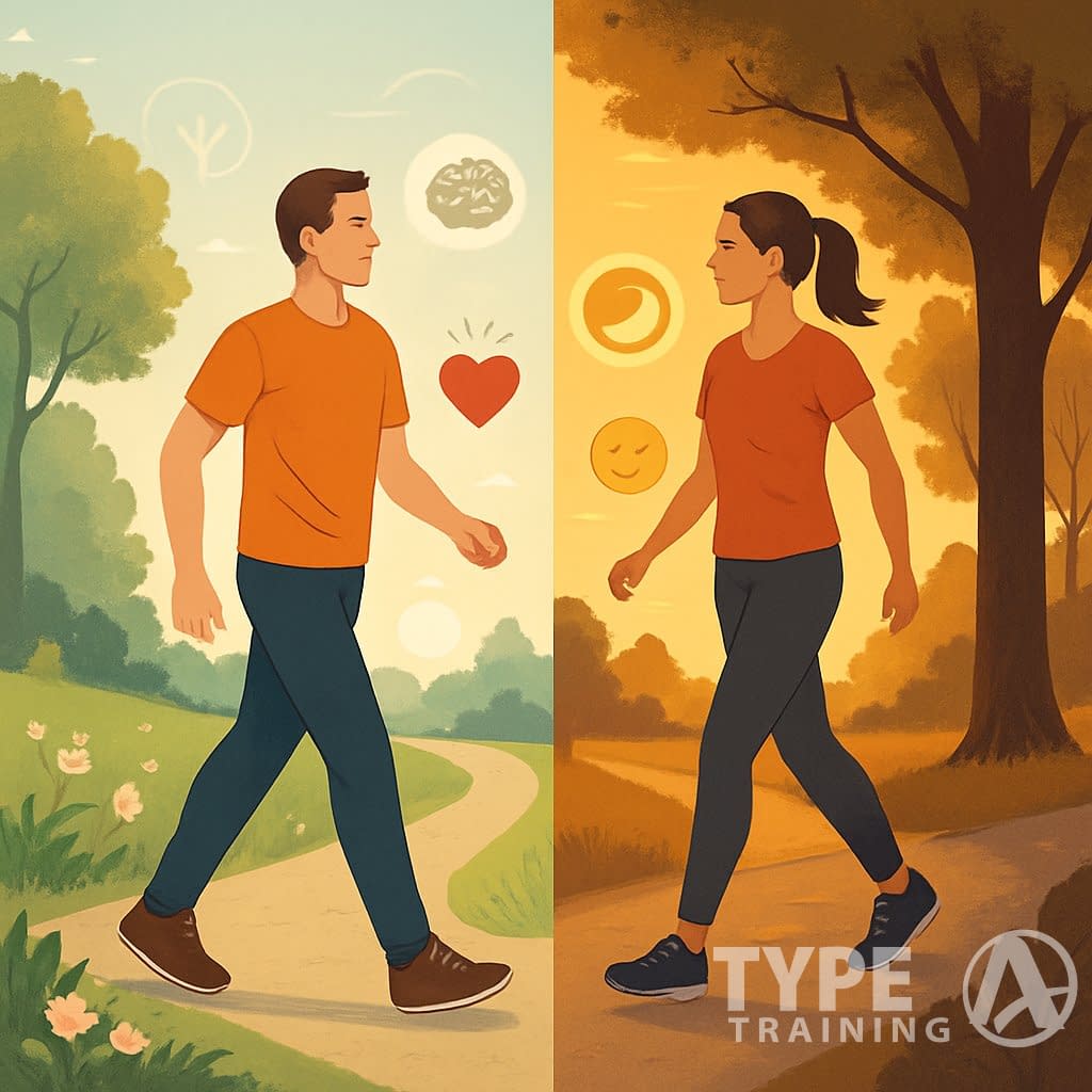 Two people walking outdoors, one in a bright morning park with flowers and greenery, the other on a tree-lined path at sunset, illustrating different times of day for walking.