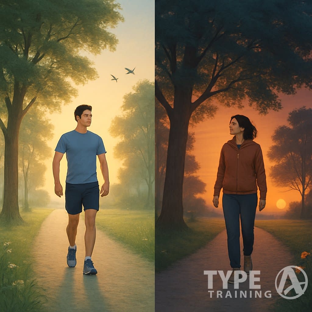 Two people walking on tree-lined paths, one during early morning sunrise and the other during evening sunset, showing different times of day for walking.
