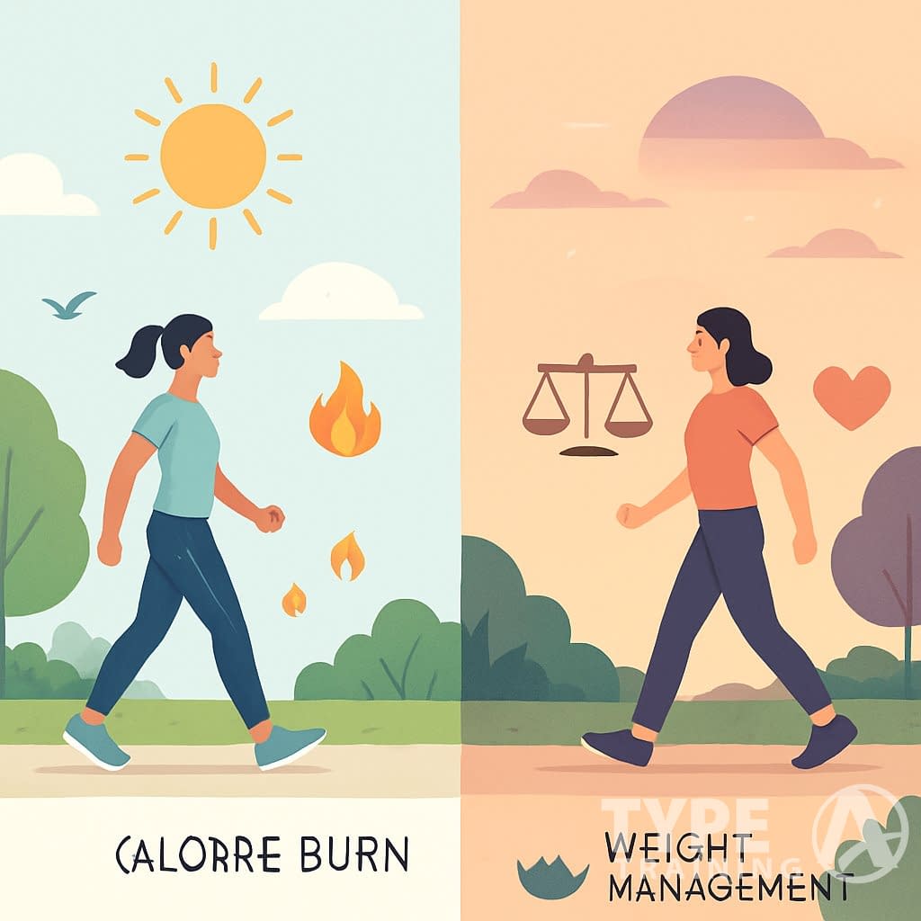 Two side-by-side scenes showing a person walking in a park during morning and evening, highlighting different health benefits.