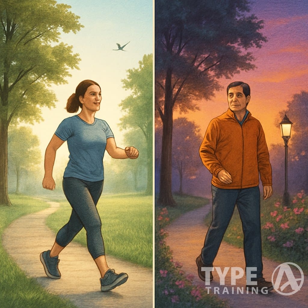 Split scene showing a person walking in a park during early morning on one side and in the evening on the other, with natural surroundings and different lighting conditions.