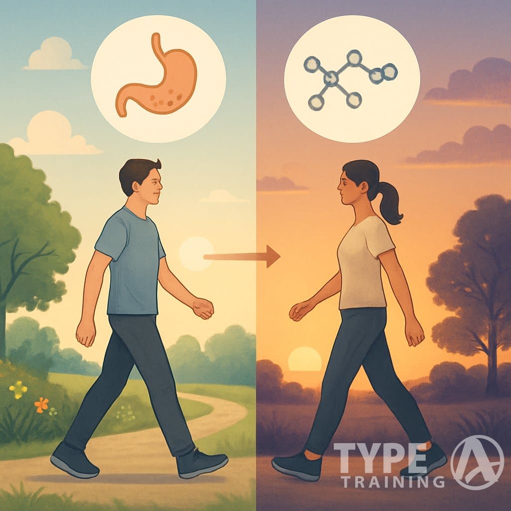 Two people walking outdoors, one in a bright morning setting with sunrise and greenery, the other in a warm evening setting with sunset and long shadows, illustrating the health effects of walking at different times of day.