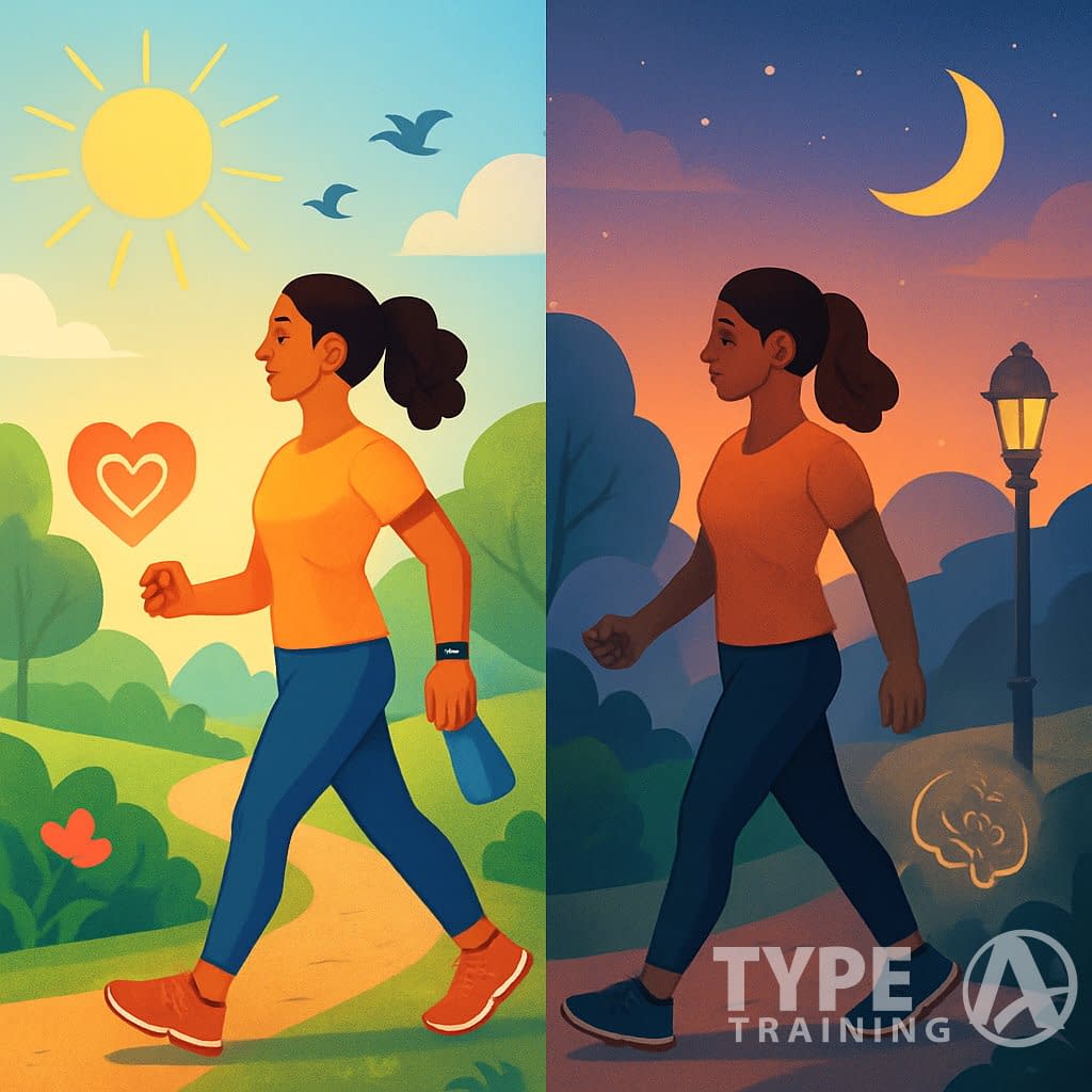 A person walking in a park during morning sunlight on one side and during a calm sunset on the other, showing different times of day for walking.