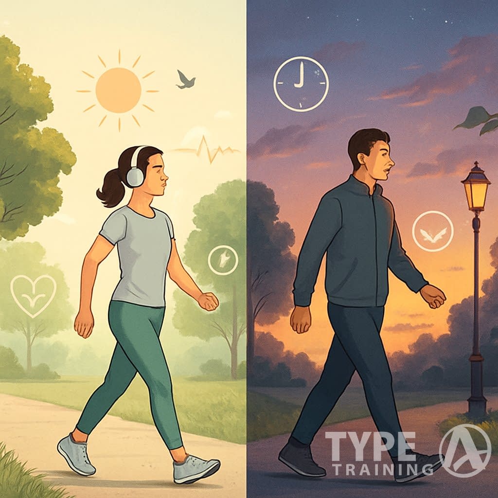 A split scene showing a person walking in a sunny morning park on the left and another person walking in a colorful evening park on the right, highlighting different times of day for walking.