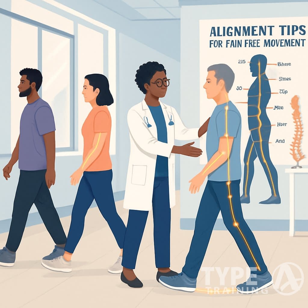 A physical therapist guides a person walking with correct posture inside a clinic, showing proper alignment of head, spine, and feet.