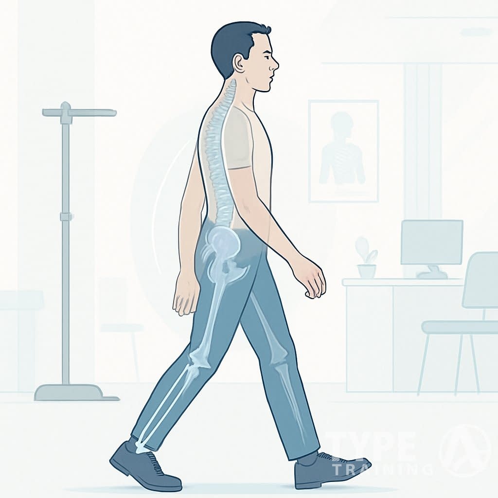 A side view of a person walking with proper posture in a clinic setting, showing aligned spine and balanced body position.