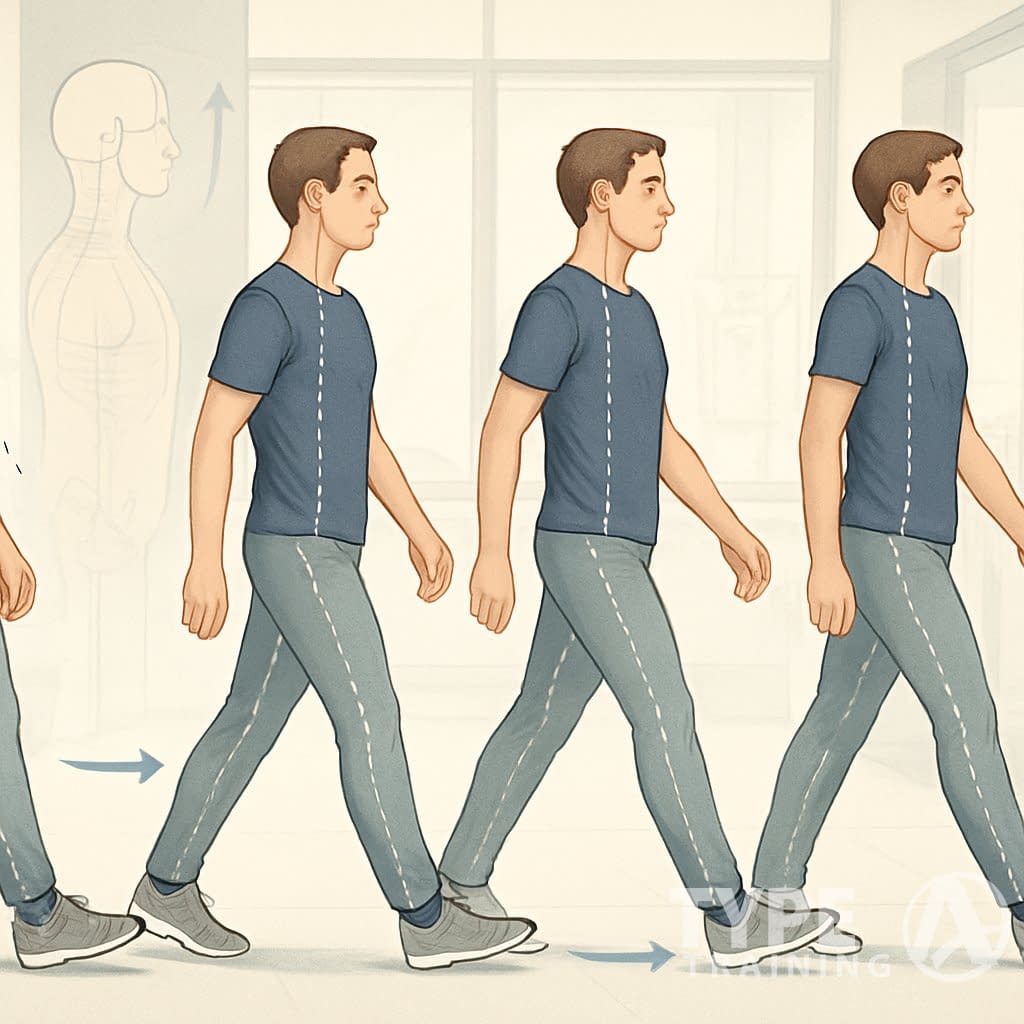 A person walking outdoors in multiple stages showing correct posture and body alignment for pain-free movement.