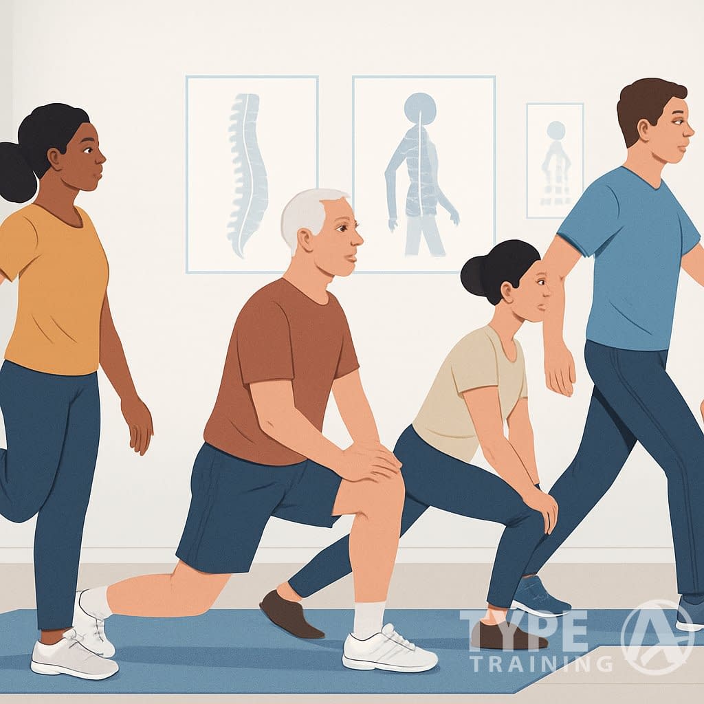 People exercising and stretching in a clinic to improve walking posture and alignment.