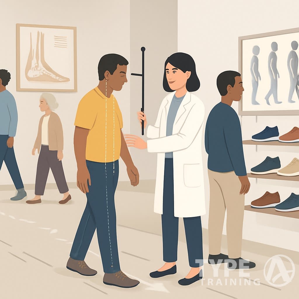 A healthcare professional assists a patient with choosing supportive footwear and correcting walking posture inside a clinic.