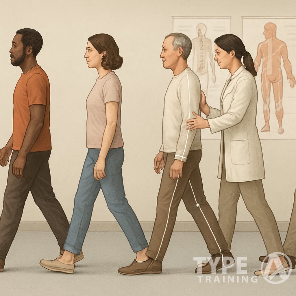 A clinician helping a person with walking posture while others walk with proper alignment, showing a focus on pain-free movement and body balance.
