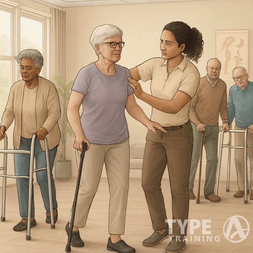 An elderly woman receives guidance from a physical therapist on proper walking posture in a clinic, while other older adults practice walking with canes and walkers nearby.