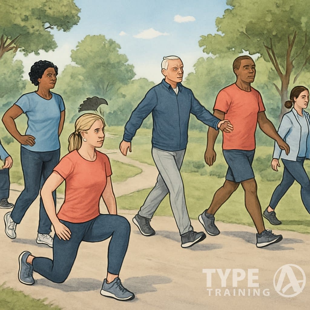People exercising outdoors on a walking path, performing simple strength exercises like lunges and arm swings in a park.