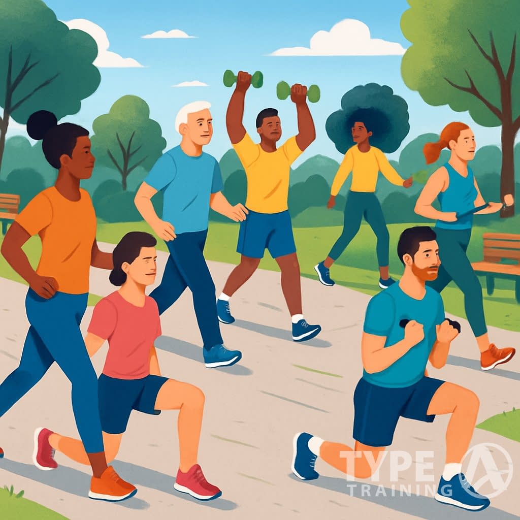 People of different ages and backgrounds walking and doing simple strength exercises like lunges and arm raises in a park.
