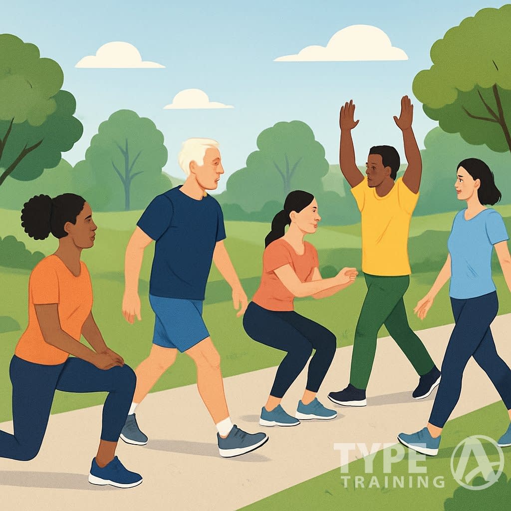 People exercising outdoors in a park, walking and doing strength exercises like lunges and squats along a walking path.