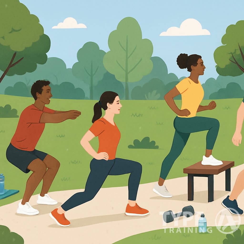 People performing various strength exercises along a walking path in a park setting.