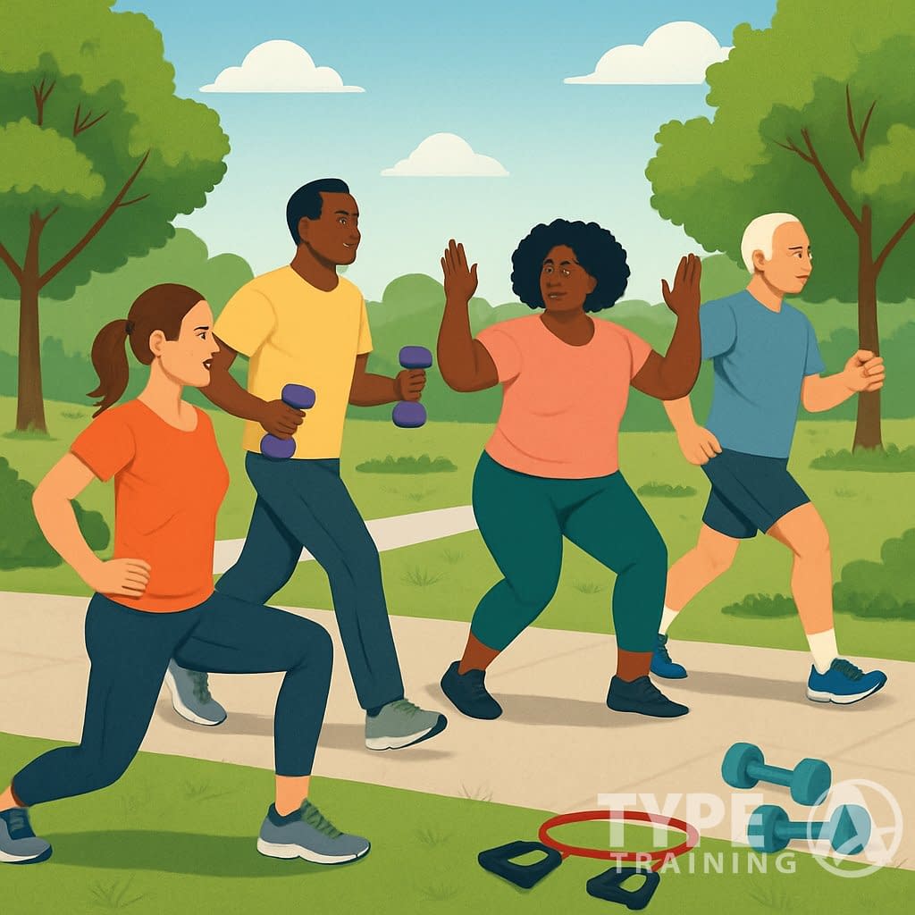 People exercising outdoors by walking and doing simple strength exercises like lunges and squats along a park path.