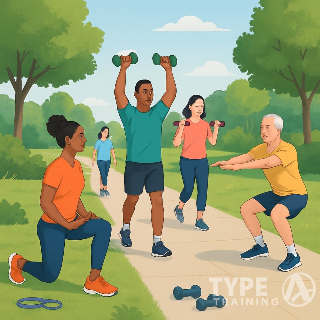 People exercising outdoors on a walking path, performing simple strength exercises like lunges and arm raises surrounded by trees and greenery.