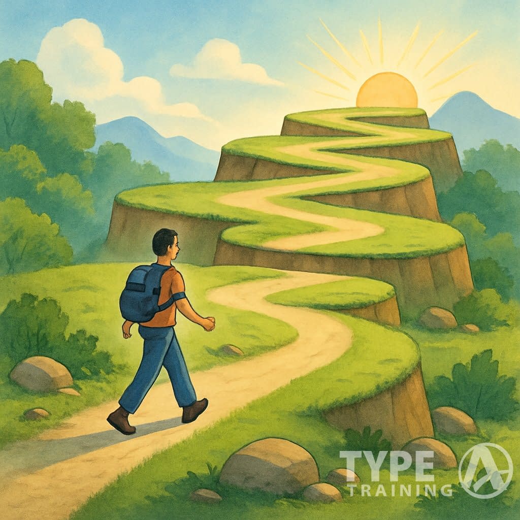 A person walking along a winding path through multiple flat plateaus with greenery and mountains in the background.